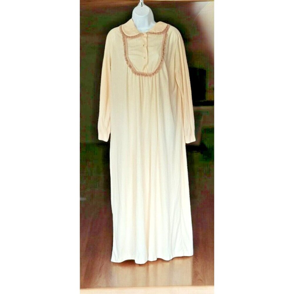 Danielle Night Gown Womans M Vintage Lace Trim Beige Button Front‎ Long Sleeve